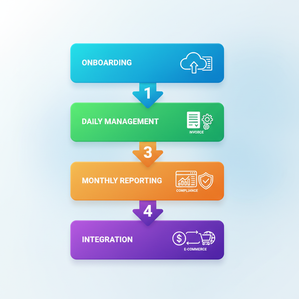Vertical process flow diagram illustrating the four stages of Xero online bookkeeping for businesses: onboarding, daily management, monthly reporting, and integration.