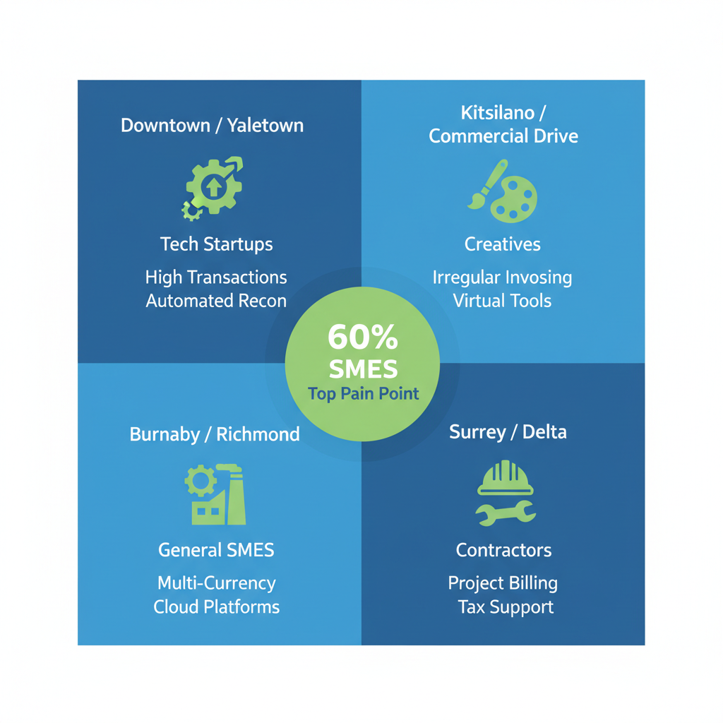Infographic comparing bookkeeping challenges and solutions in Vancouver neighborhoods including Downtown, Kitsilano, Burnaby and Surrey