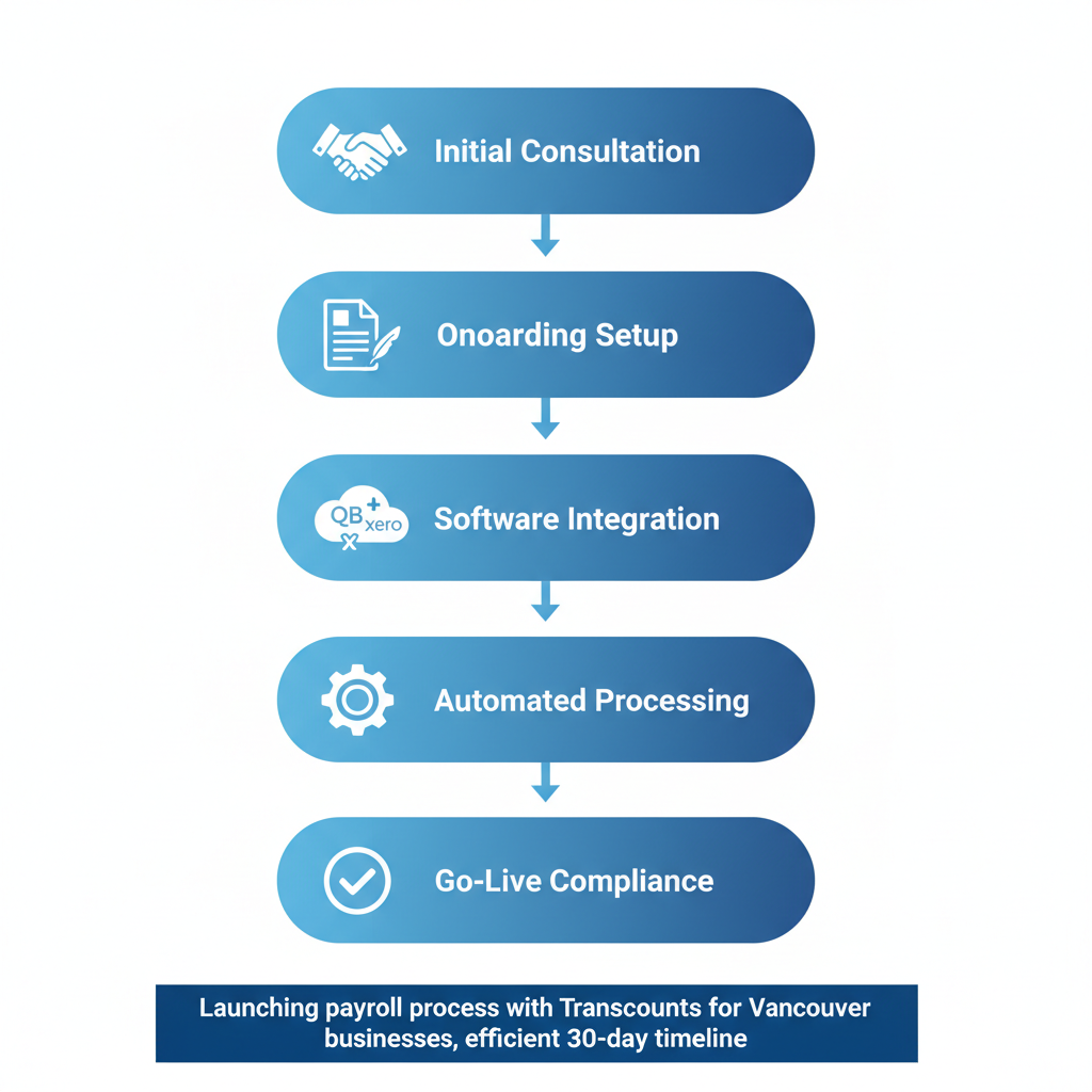 Vertical process flow illustrating five stages to launch payroll with Transcounts: consultation, onboarding, integration, configuration, and go-live with compliance check.