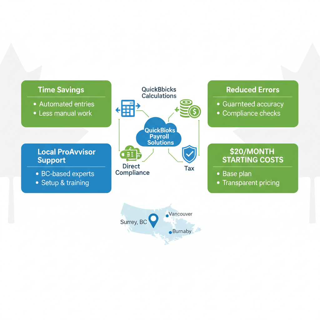 Infographic overview of QuickBooks Payroll benefits including automation, compliance, and local support for Surrey, BC businesses
