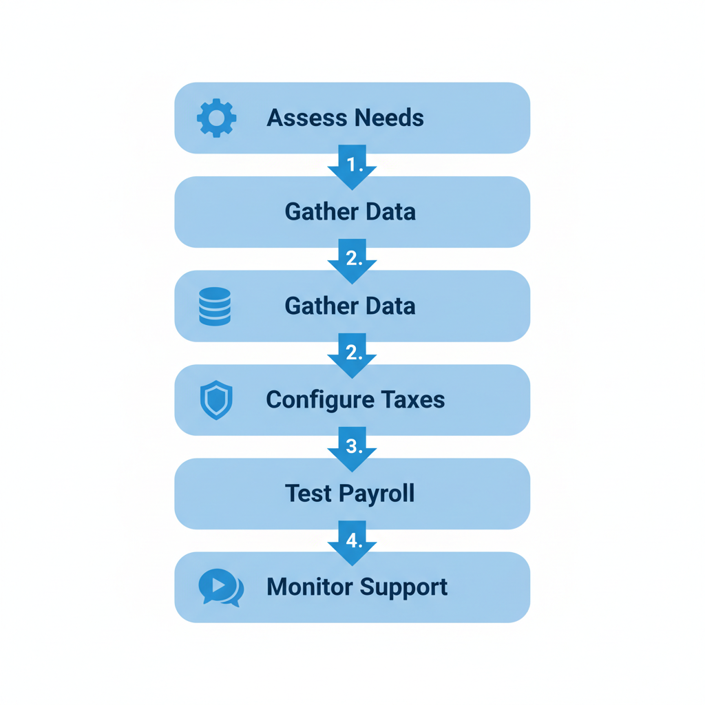 Vertical process flow diagram illustrating five steps to implement QuickBooks Payroll in Vancouver with icons and blue arrows