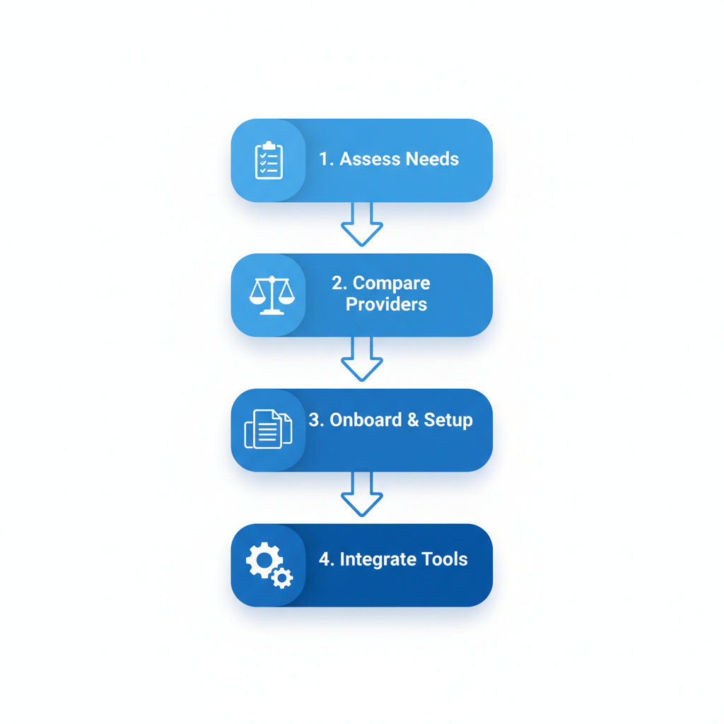 Vertical process flow diagram illustrating four steps to implement payroll solutions for businesses in Surrey, British Columbia