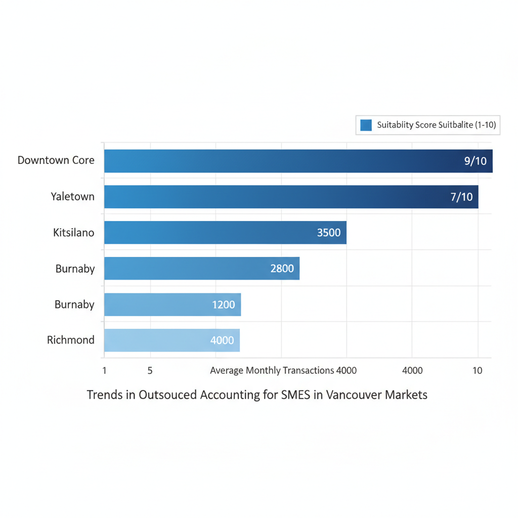 Horizontal bar chart of accounts payable outsourcing suitability scores across Vancouver neighborhoods