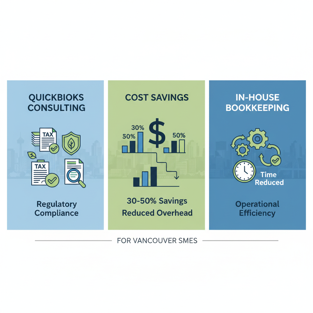 Infographic comparing QuickBooks consulting benefits to in-house bookkeeping for Vancouver SMEs, focusing on compliance, cost savings, and efficiency.