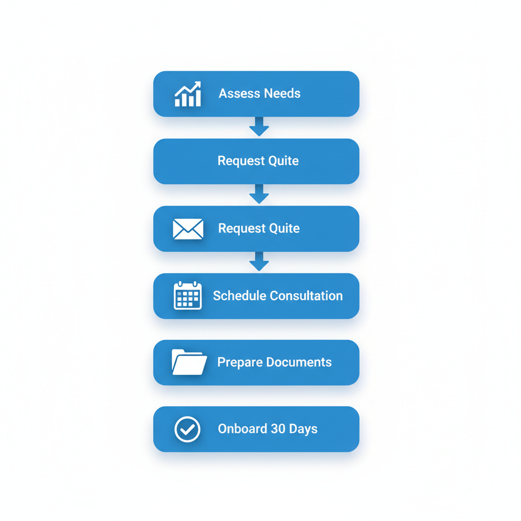 Accessibility description: Vertical process flow diagram showing five steps to engage fractional controller support, including icons for assessment, quote request, consultation, document preparation, and onboarding.