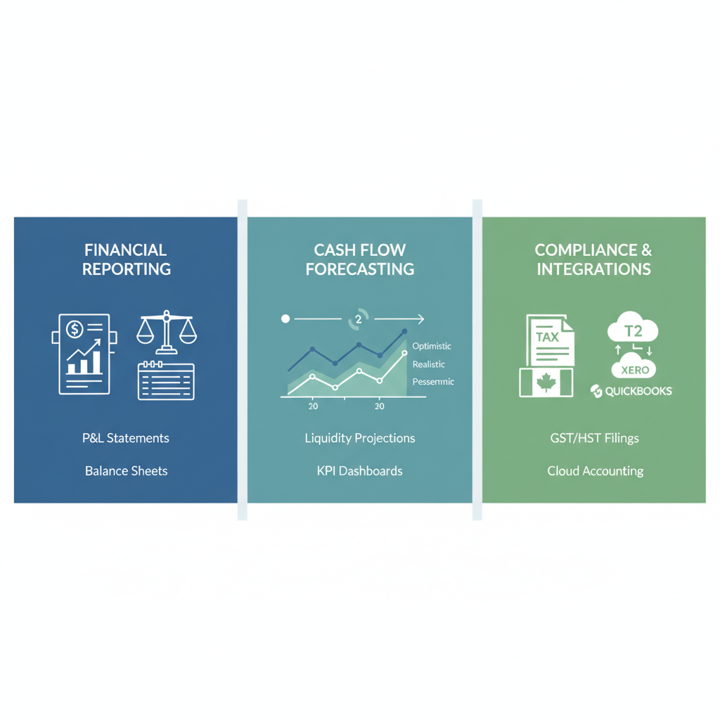 Infographic of fractional controller responsibilities including financial reporting, cash flow forecasting, and compliance.
