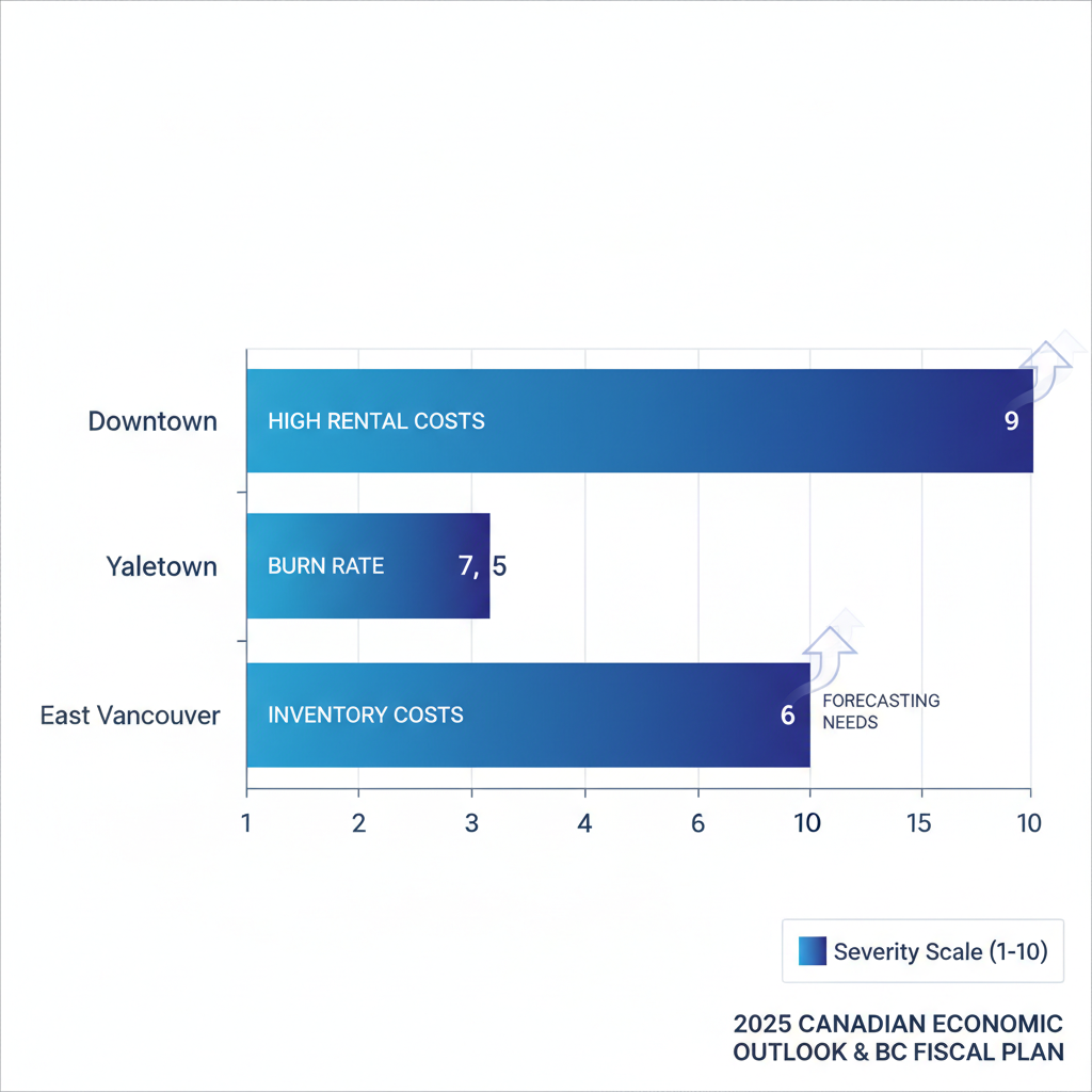 Horizontal bar chart showing cash flow challenge severity in Vancouver areas: Downtown, Yaletown, and East Vancouver on a 1-10 scale