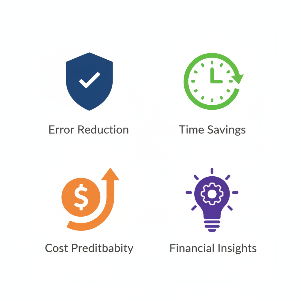 Square grid of four icons: accuracy shield in blue for compliance, clock in green for time savings, dollar in orange for cost predictability, lightbulb in purple for insights.
