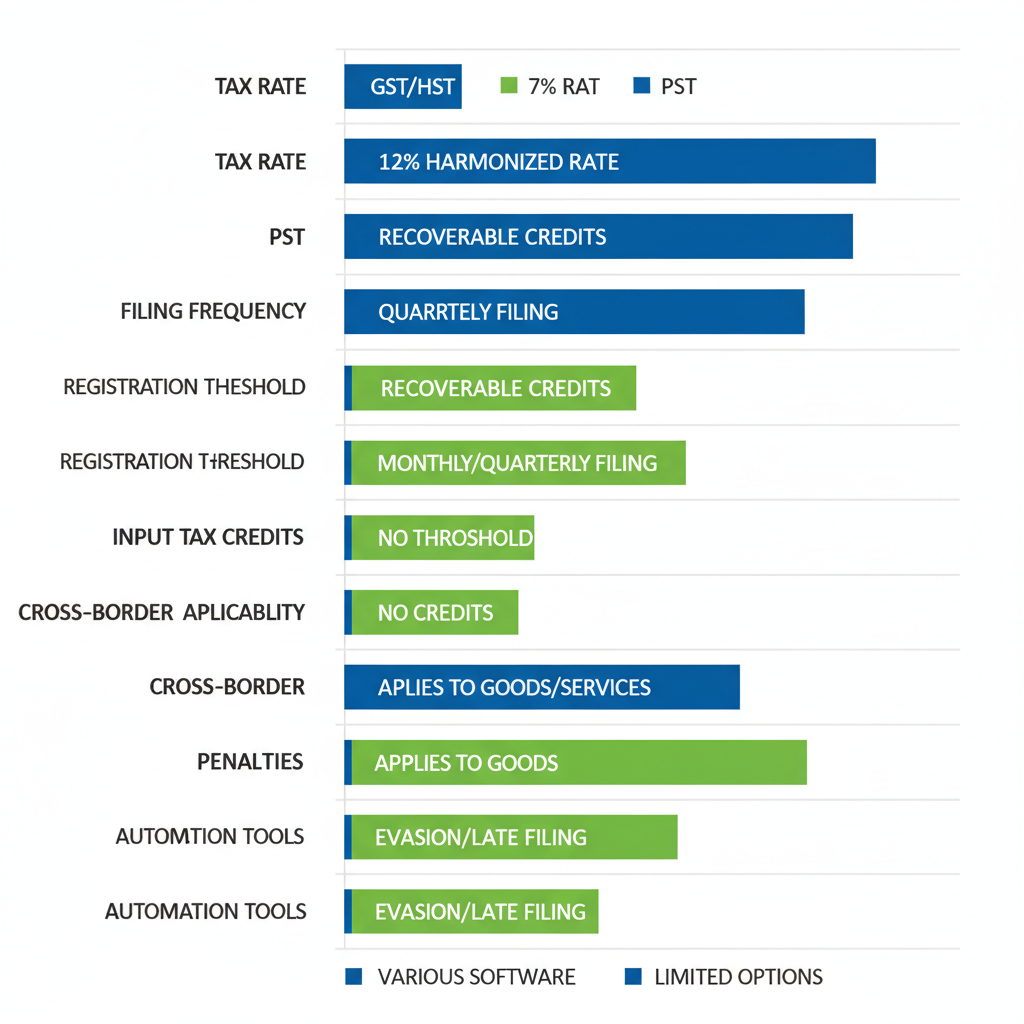 Horizontal bar chart comparing GST/HST and PST tax aspects for Vancouver businesses including rates, filing, and thresholds