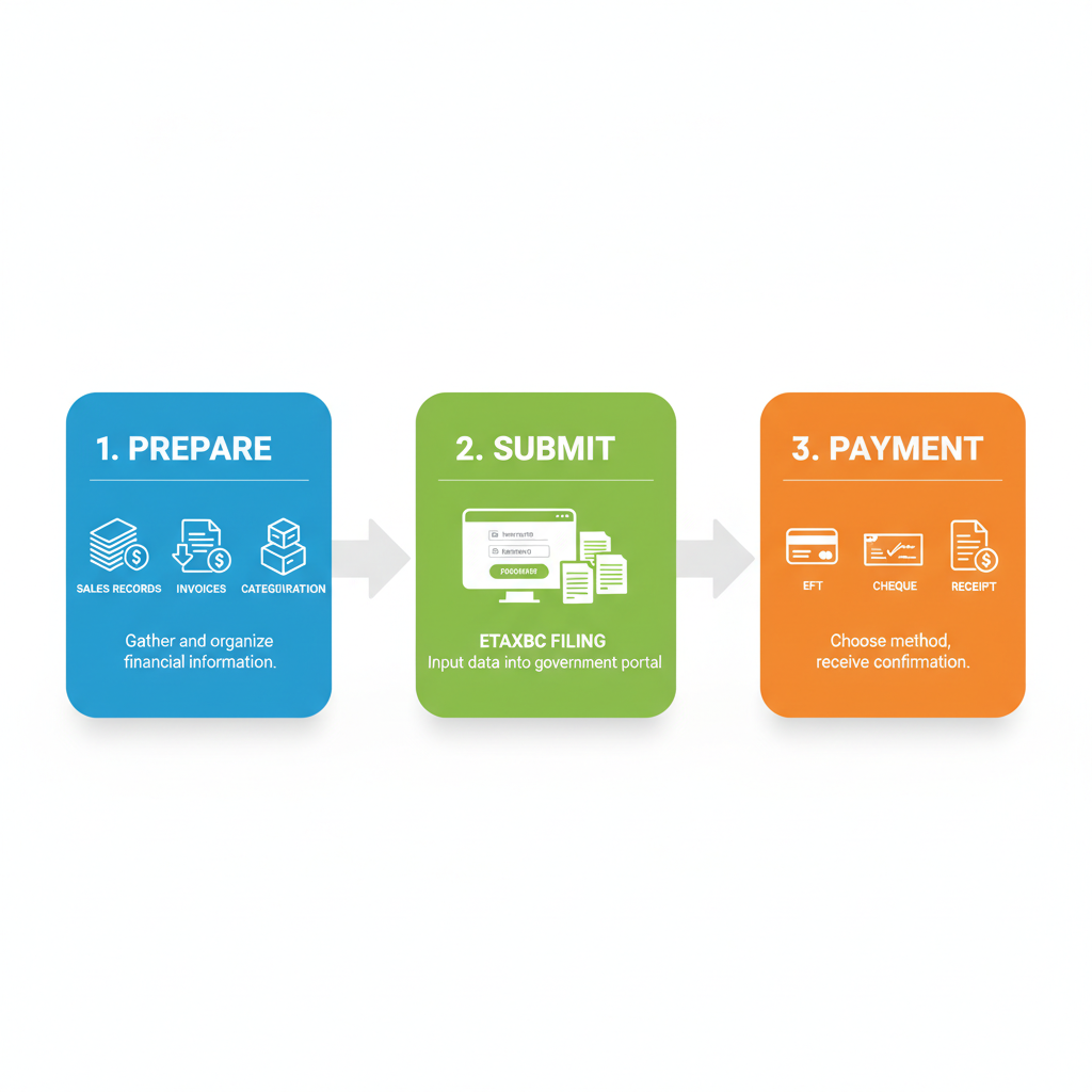 Horizontal process flow illustrating the PST filing process in British Columbia with three stages