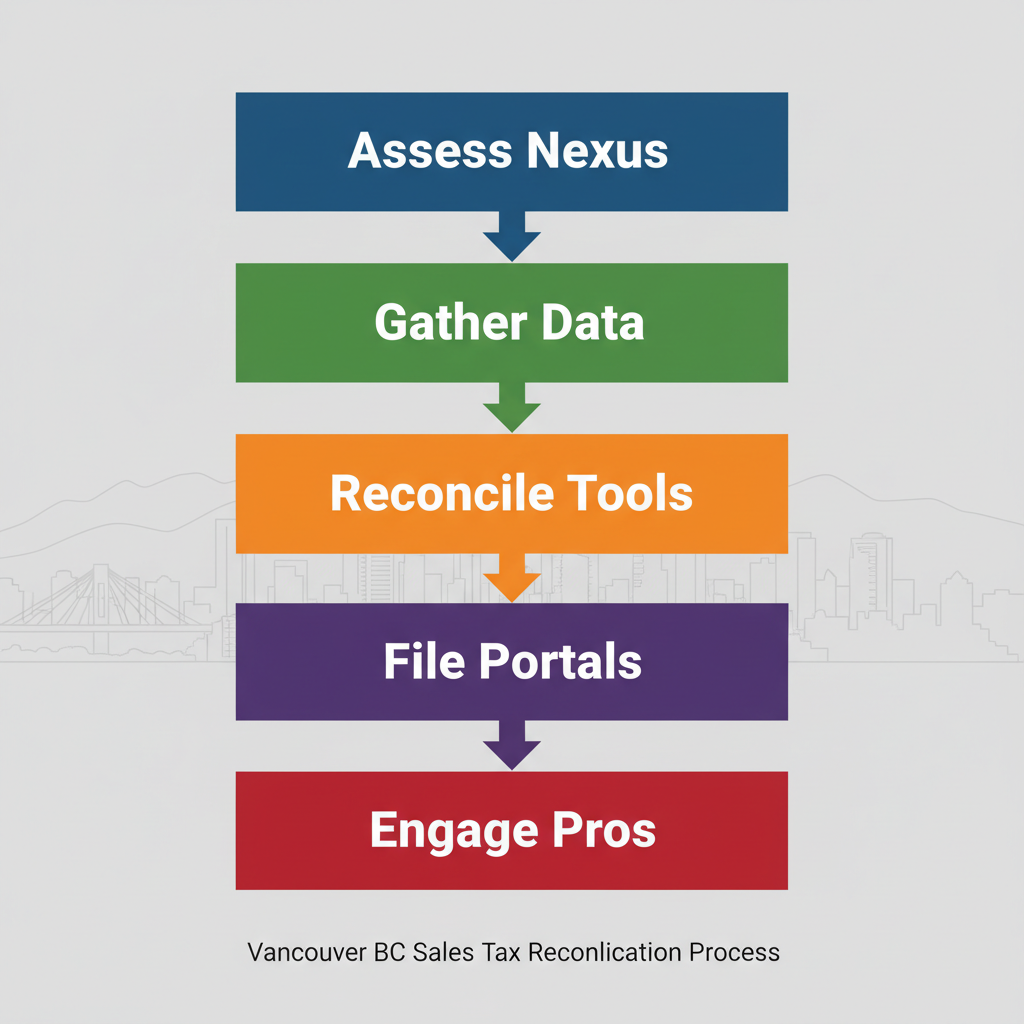 Vertical process flow illustrating five steps to start sales tax reconciliation for Vancouver businesses