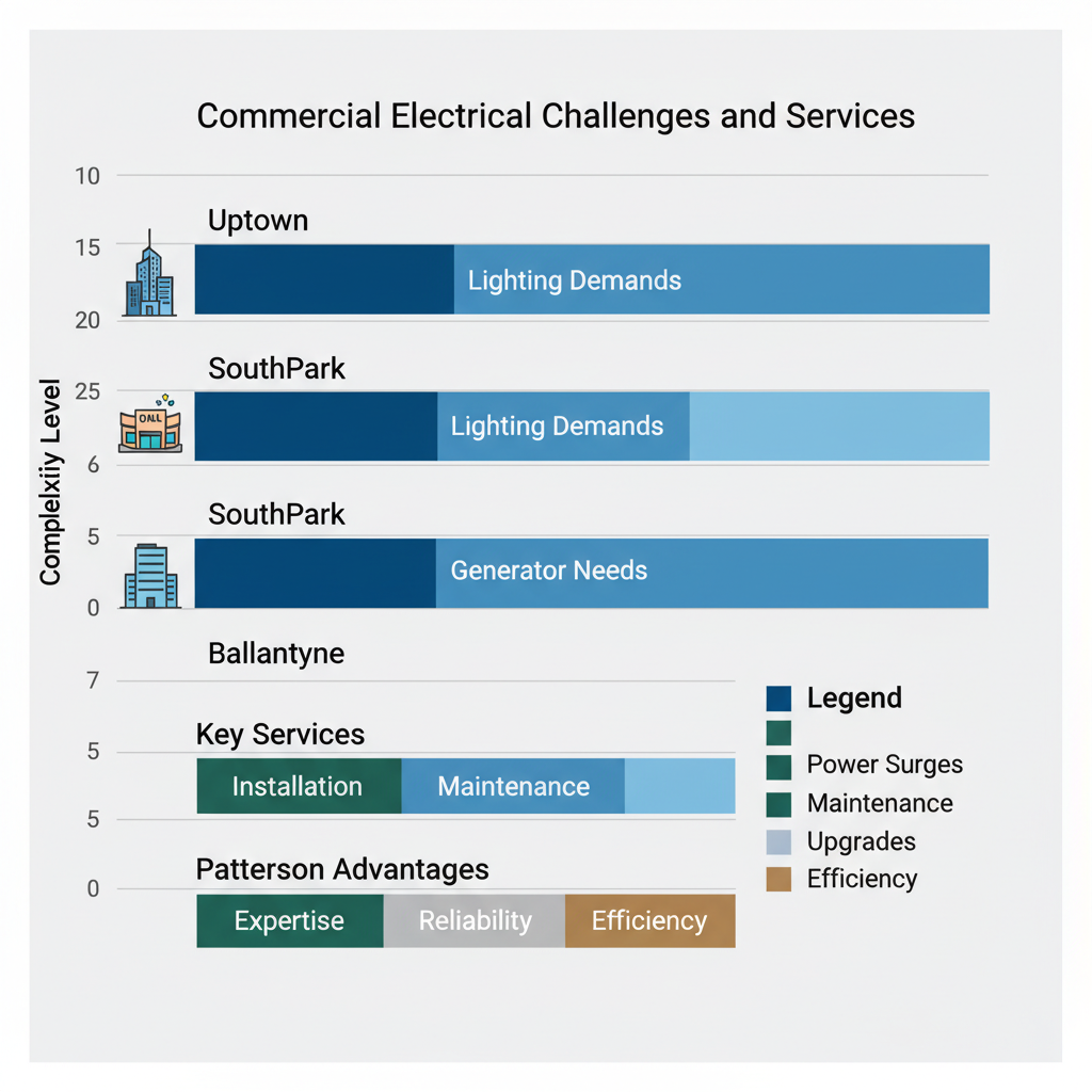 Horizontal bar chart showing commercial electrical challenges and services in Charlotte districts