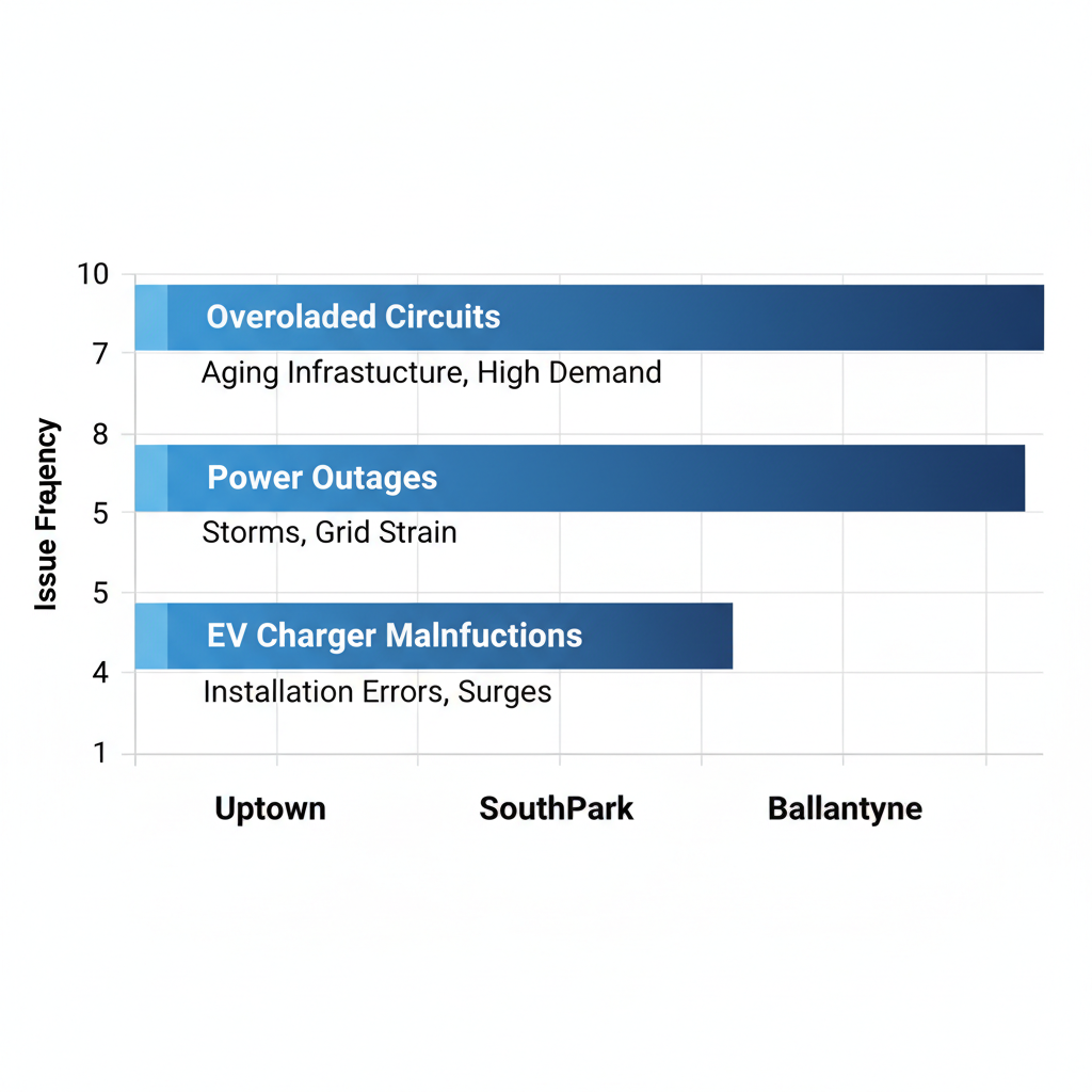 Horizontal bar chart of common electrical emergency issues in Charlotte neighborhoods Uptown, SouthPark, and Ballantyne