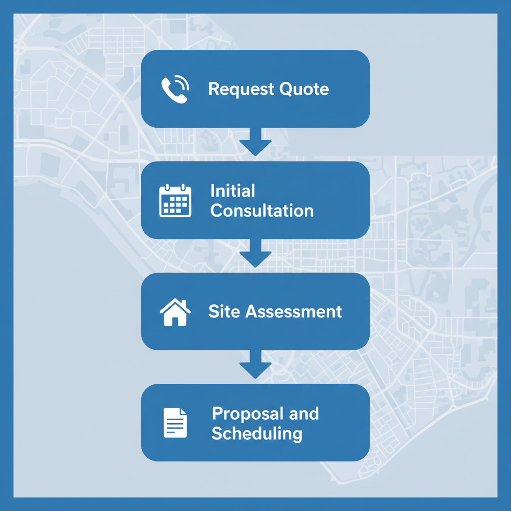 Vertical process flow diagram illustrating the four key stages to initiate commercial electrical projects in Charlotte: request quote, initial consultation, site assessment, and proposal scheduling.