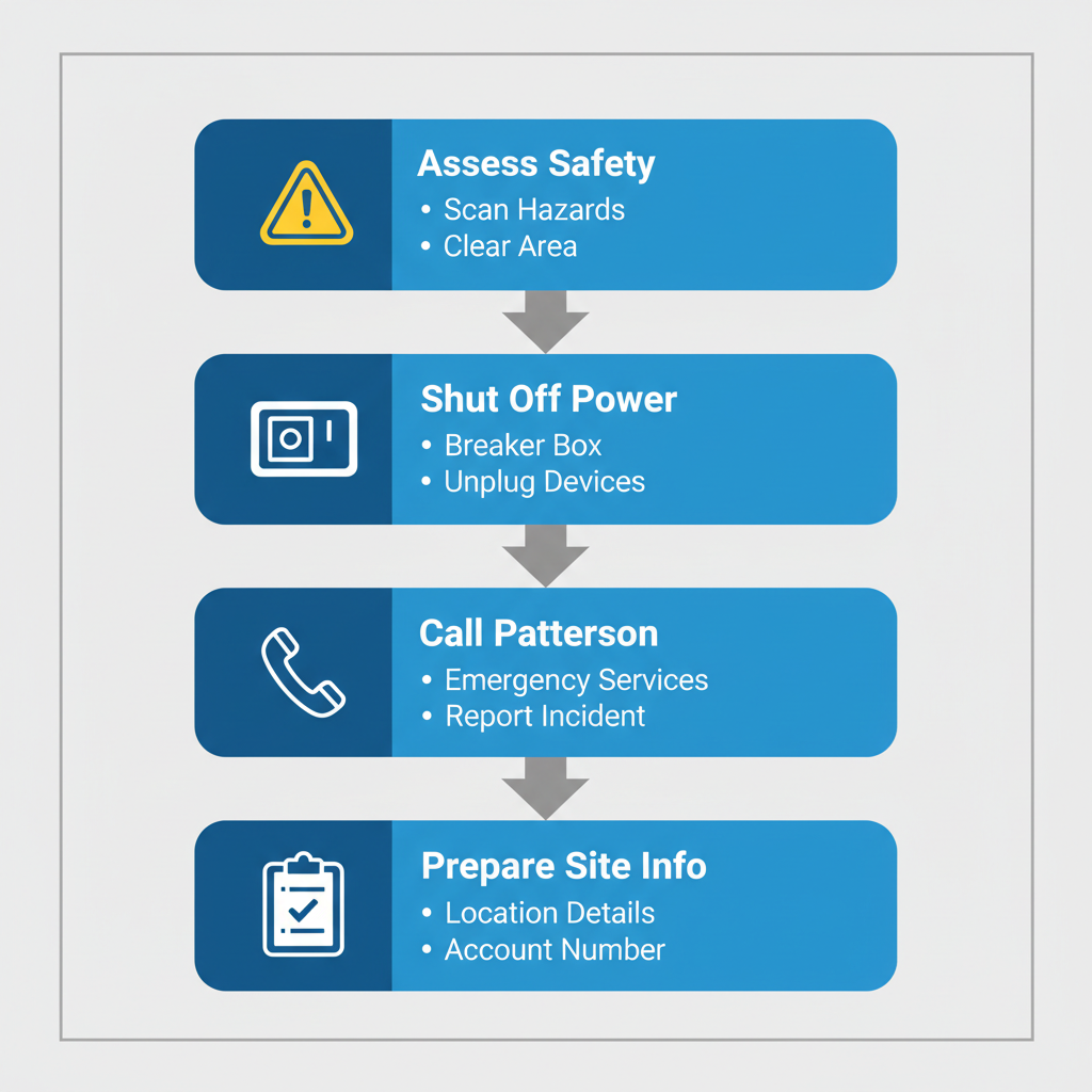 Vertical process flow diagram illustrating four steps to handle electrical emergencies safely in Charlotte