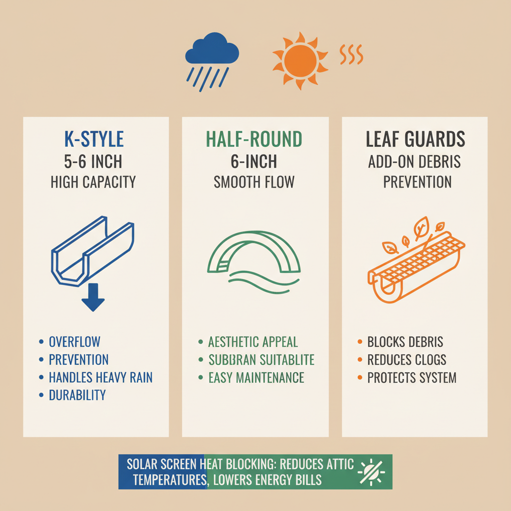 Infographic comparing K-style, half-round gutters, and leaf guards for Phoenix home protection against monsoons and heat