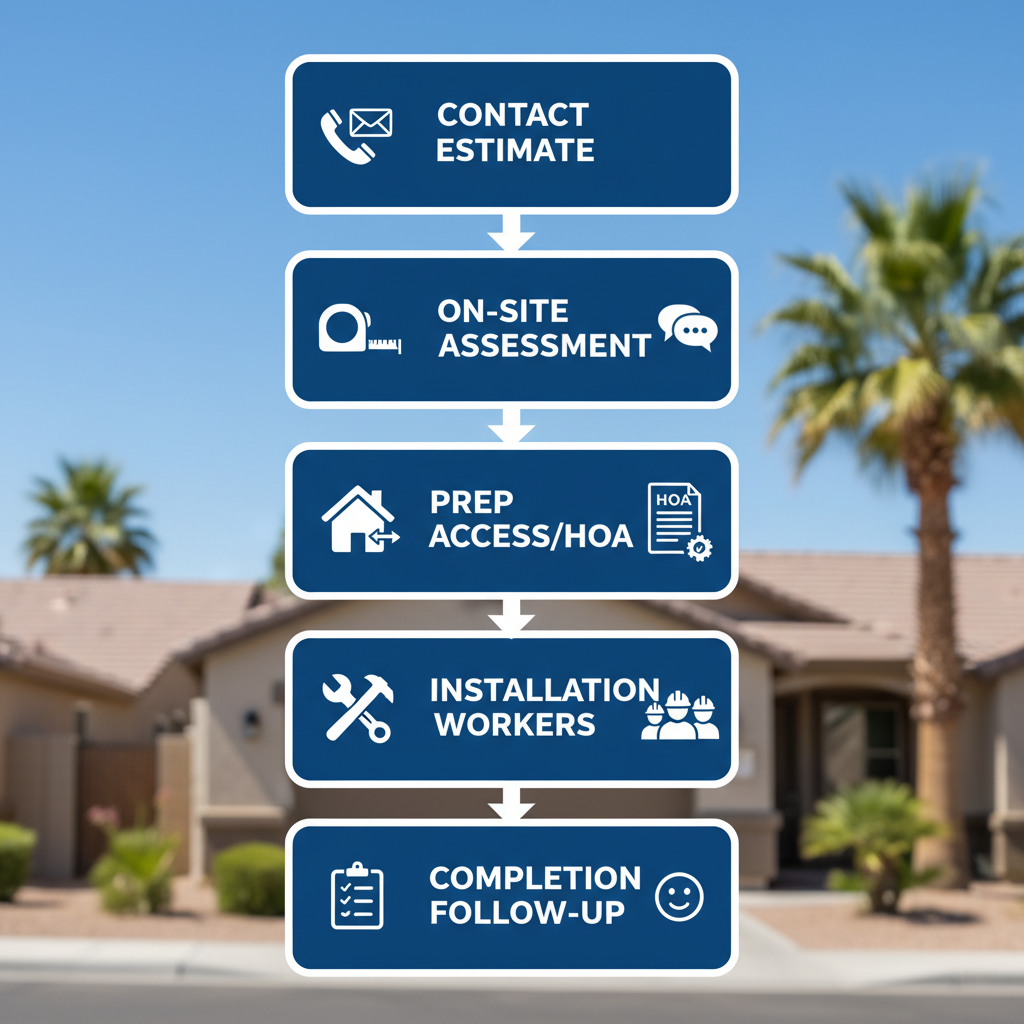 Vertical process flow diagram illustrating five steps for gutter and solar screen installation in Phoenix homes