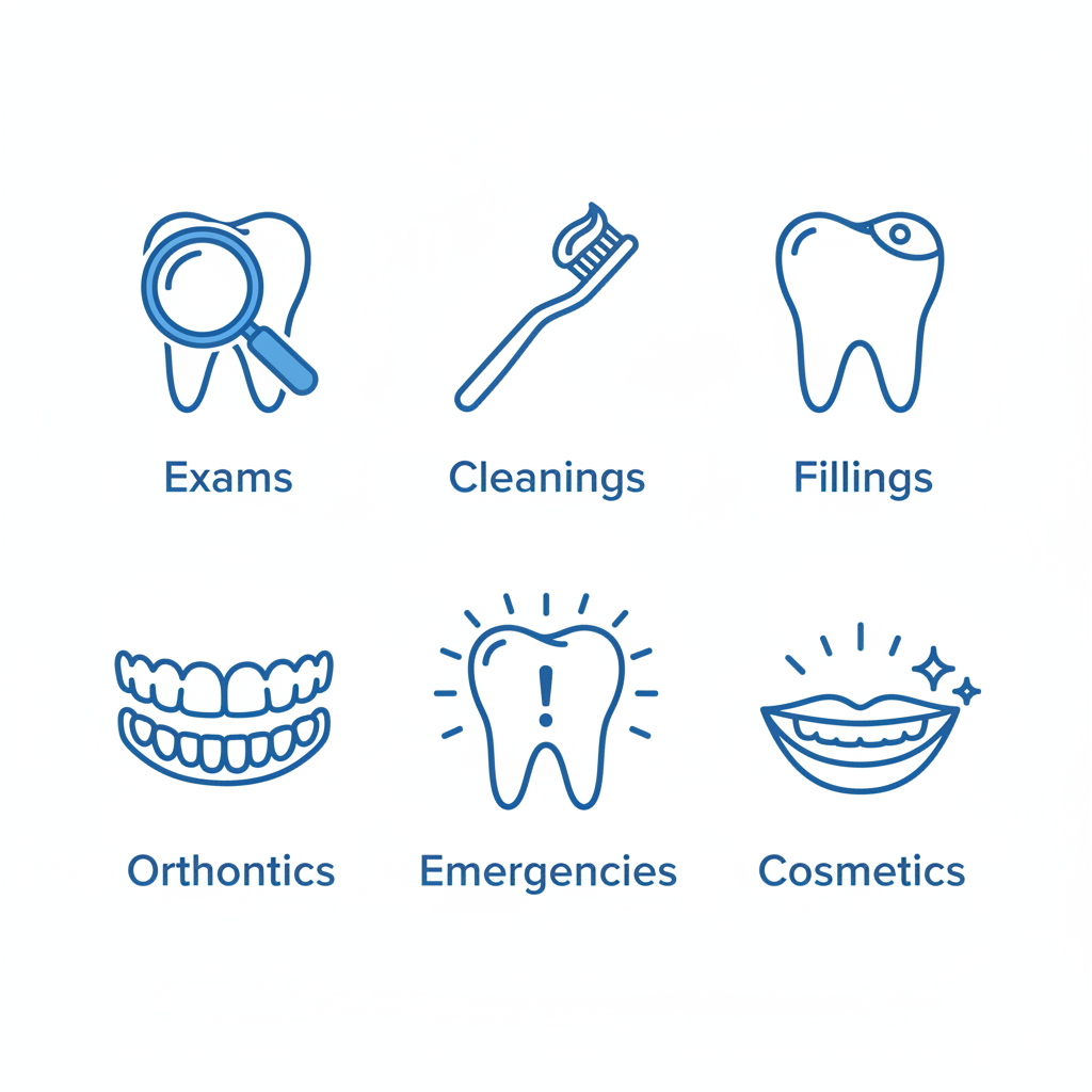 Icon grid showing family dental services: exams, cleanings, fillings, orthodontics, emergencies, and cosmetics at Altus Dental.