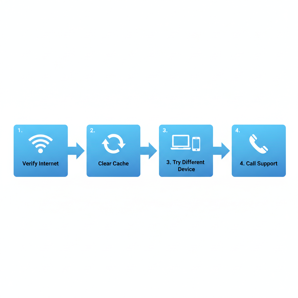 Horizontal process flow diagram illustrating four steps to resolve online booking problems: verify internet connection, clear browser cache, attempt on different device, and call clinic support.