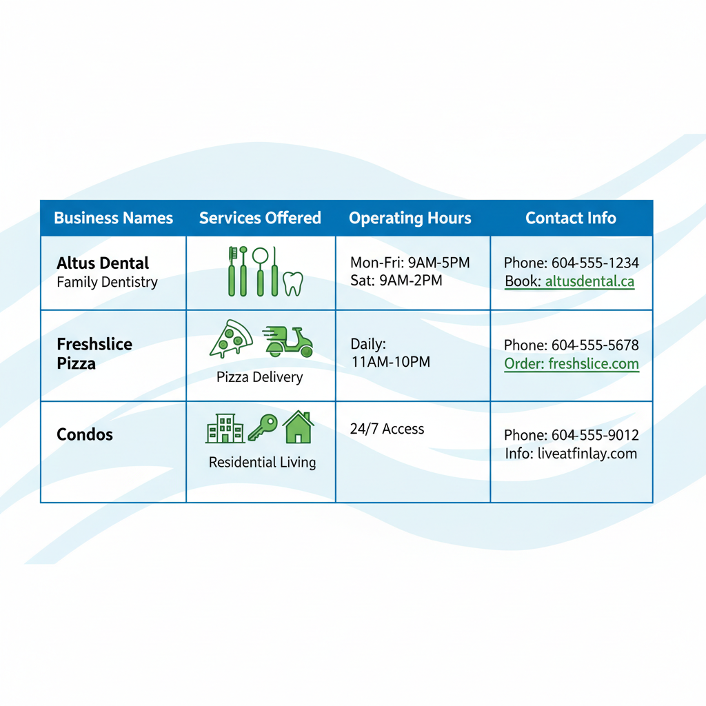 Infographic comparing businesses at 1522 Finlay Street: Altus Dental family services, Freshslice Pizza, and condos with hours and contacts.