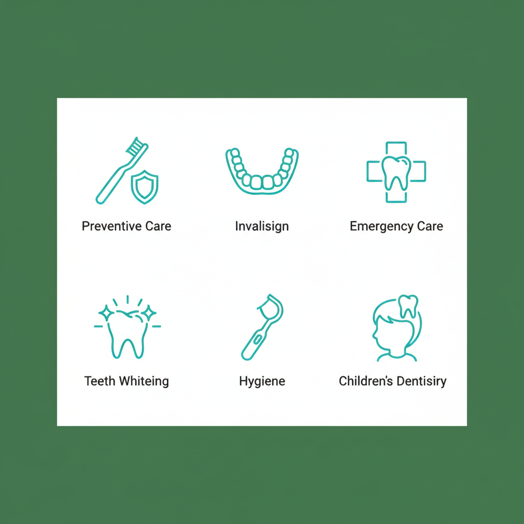 Grid of dental service icons including preventive care, Invisalign, emergency care, teeth whitening, hygiene, and children's dentistry