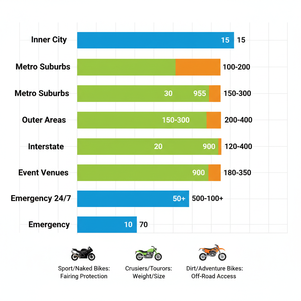 Horizontal bar chart comparing motorcycle towing response times, coverage, and costs across Melbourne areas