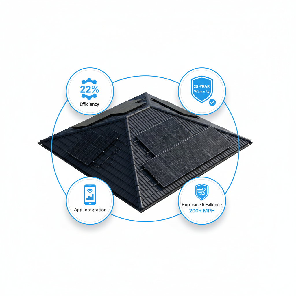 Infographic of Tesla solar panels features including efficiency, warranty, app integration, and hurricane resilience for Tampa homes