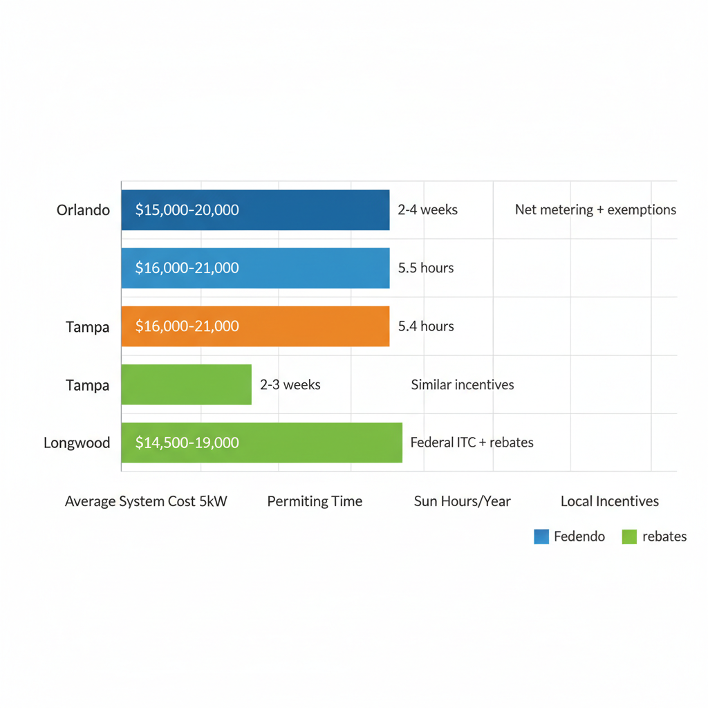 Horizontal bar chart comparing solar adoption metrics including costs, permitting times, sun hours, and incentives across Orlando, Tampa, and Longwood in Central Florida.