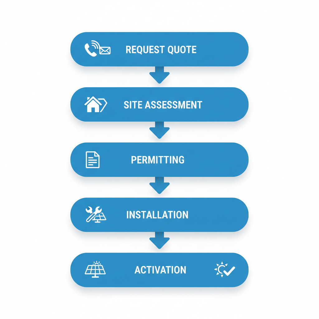 Vertical process flow diagram illustrating five steps to start a solar project in Orlando, from request quote to activation.