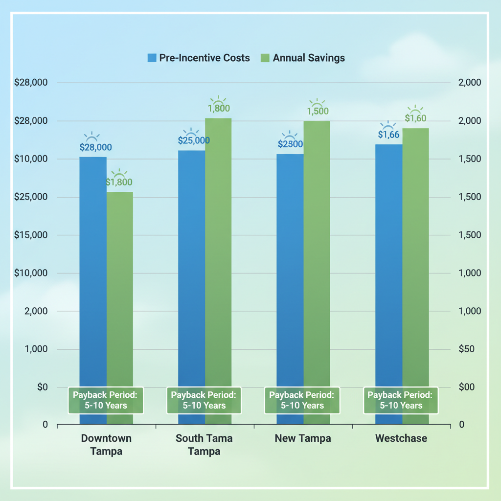 Bar chart comparing solar installation costs and annual savings across Tampa neighborhoods