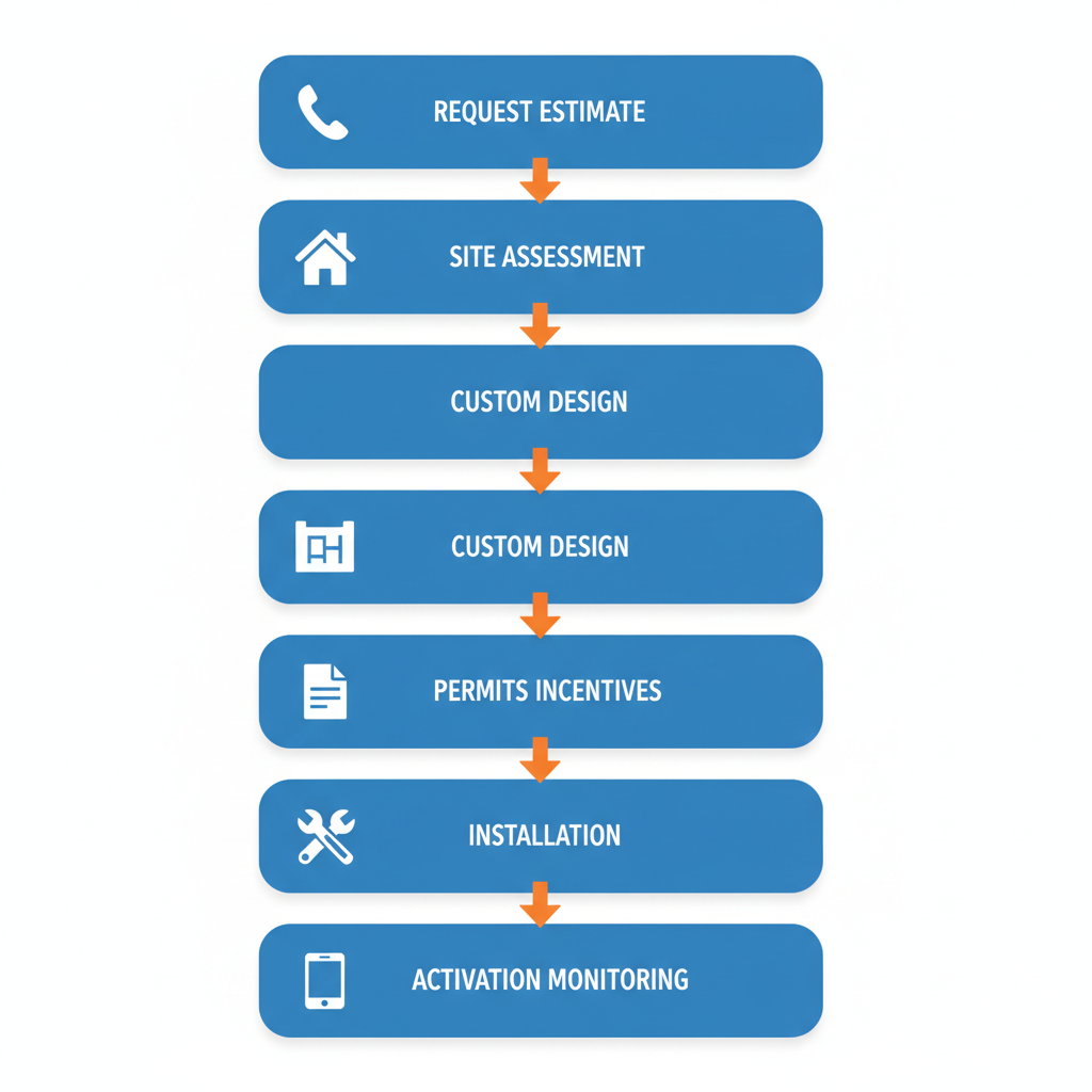 Vertical process flow illustrating six steps to launch a solar project in Tampa with icons and minimal labels