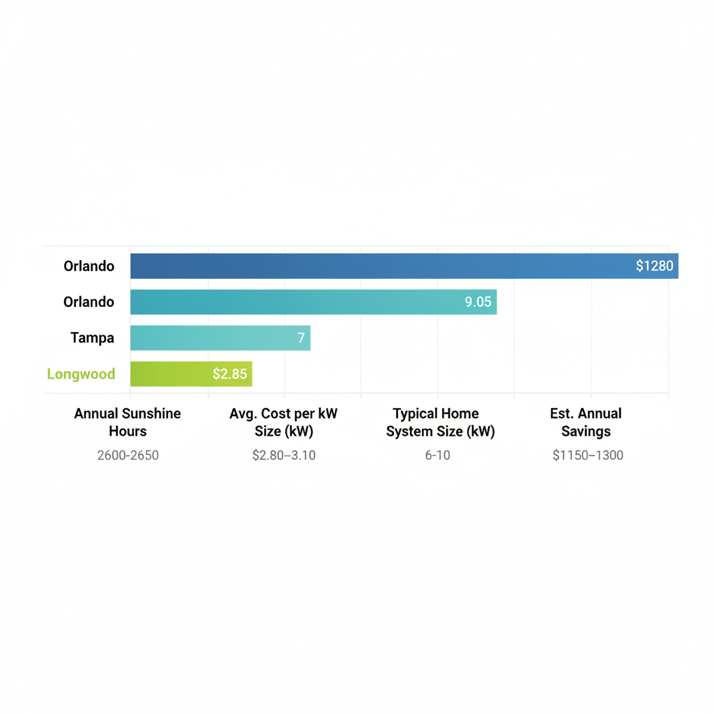 Horizontal bar chart comparing solar metrics including sunshine hours, cost per kW, system size, and annual savings for Longwood, Orlando, and Tampa in Central Florida.