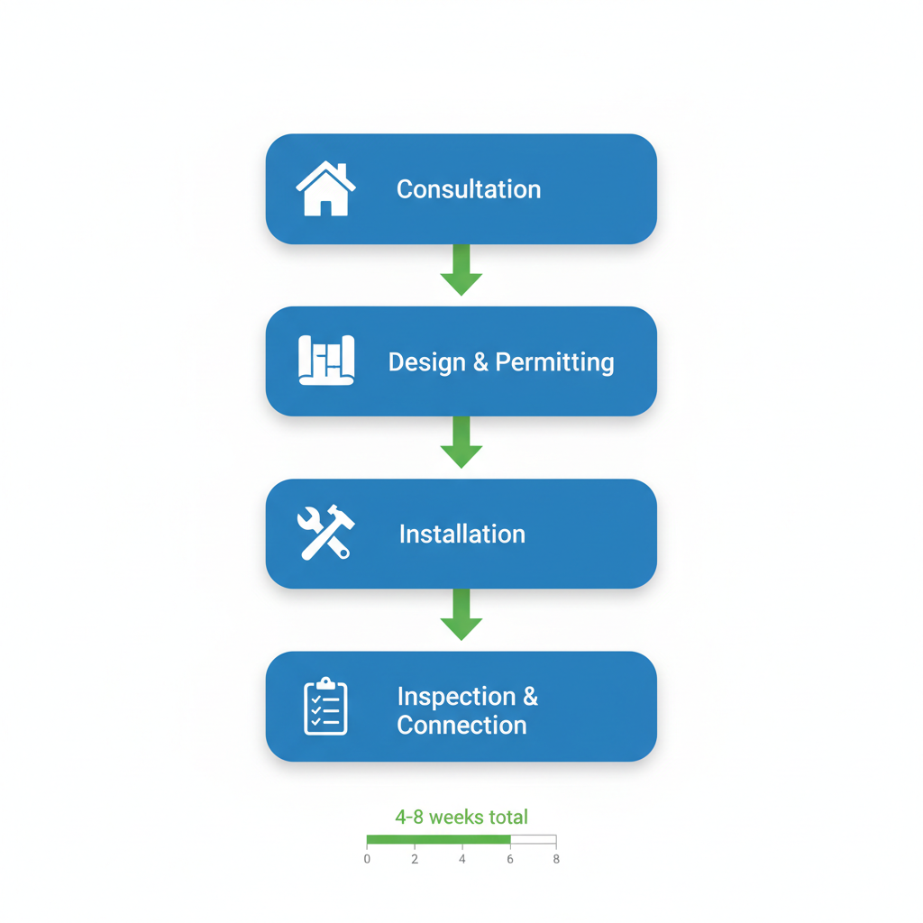 Vertical process flow diagram showing four steps for solar panel installation in Longwood: consultation, design, installation, and inspection.