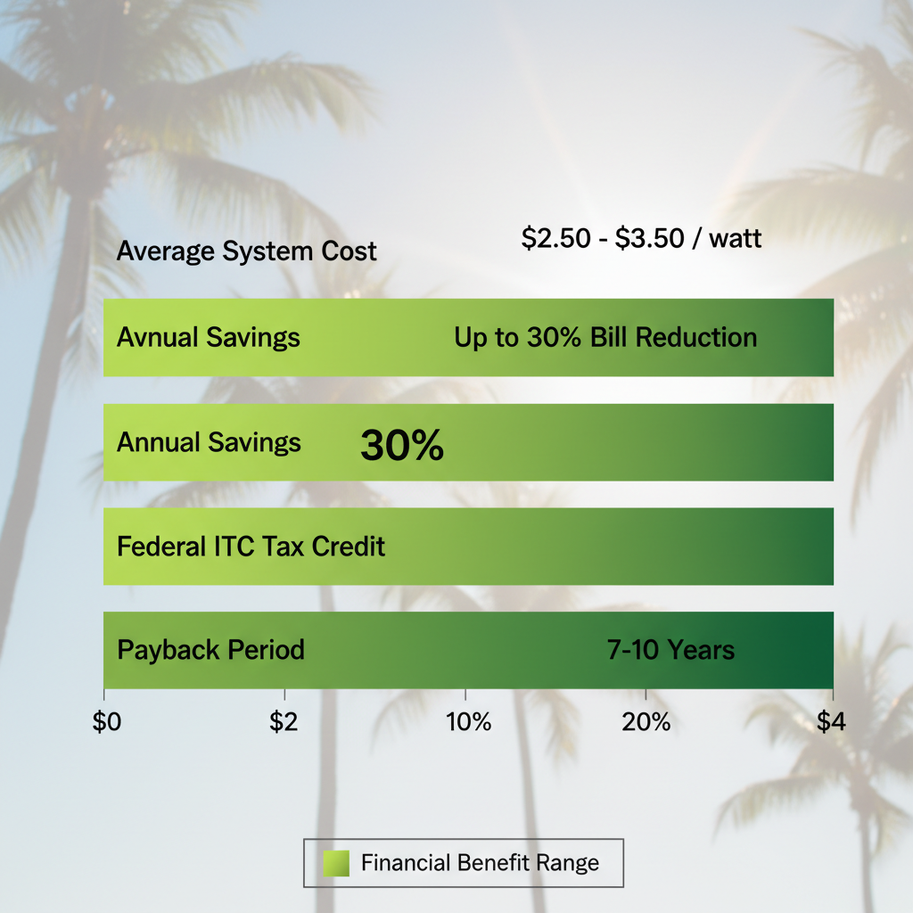 Horizontal bar chart illustrating financial benefits of solar panels including cost, savings, tax credit, and payback period in West Palm Beach