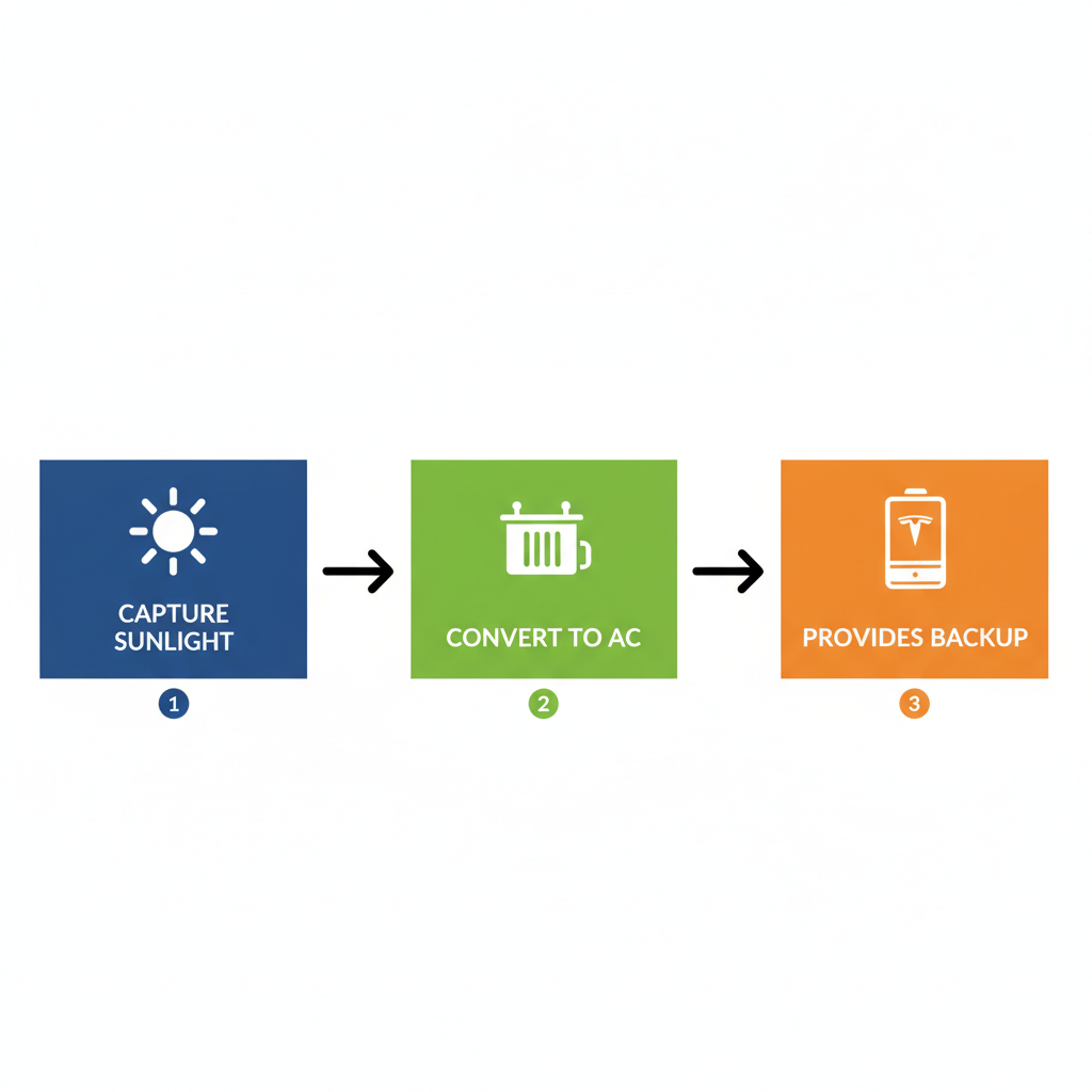 Horizontal diagram illustrating the three stages of home solar panel system operation: sunlight capture by panels, DC to AC conversion by inverter, and backup storage in battery.