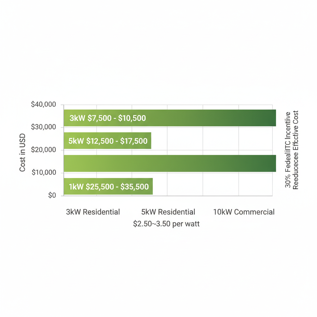 Horizontal bar chart comparing average solar system costs for residential and commercial sizes in West Palm Beach, including federal incentive note