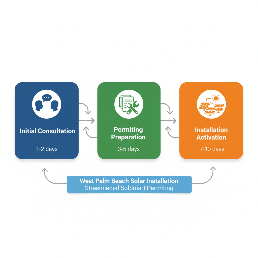 Horizontal process flow diagram illustrating three key stages of solar installation in West Palm Beach.