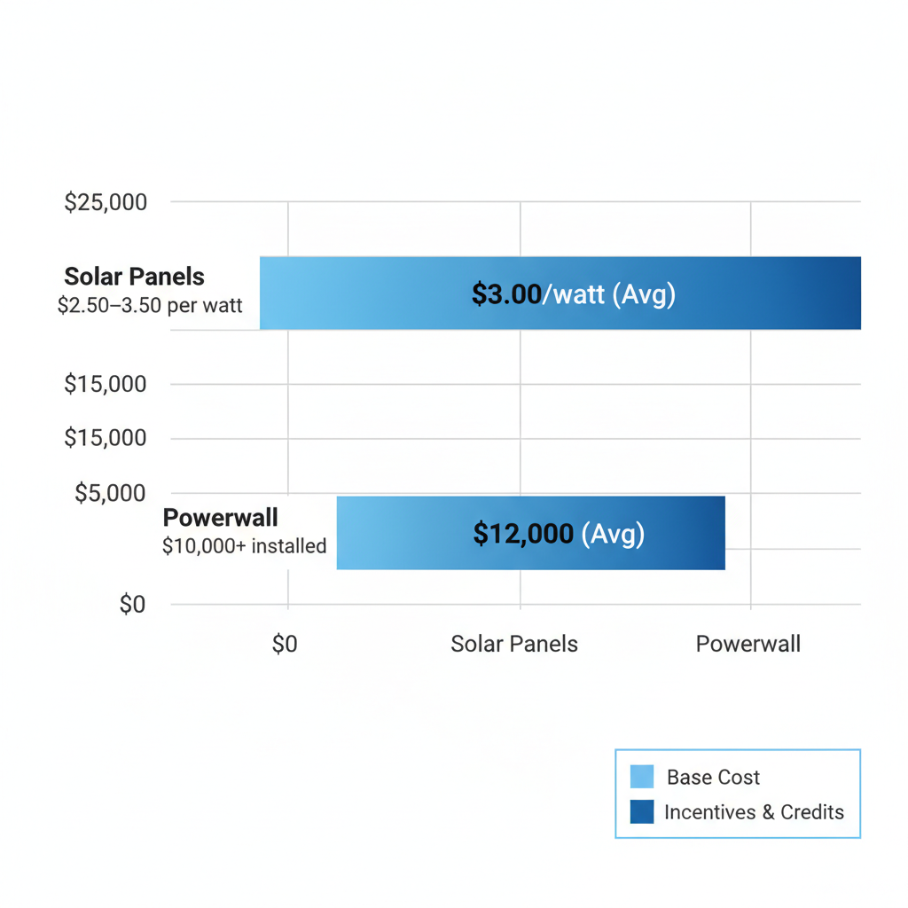 Horizontal bar chart of average Tesla solar panels and Powerwall costs in Florida, with blue gradient bars and cost ranges.