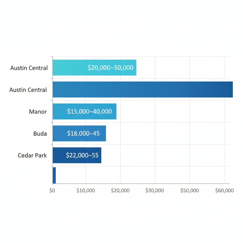 Horizontal bar chart showing kitchen remodeling cost ranges by Austin area, from $15,000 to $55,000.