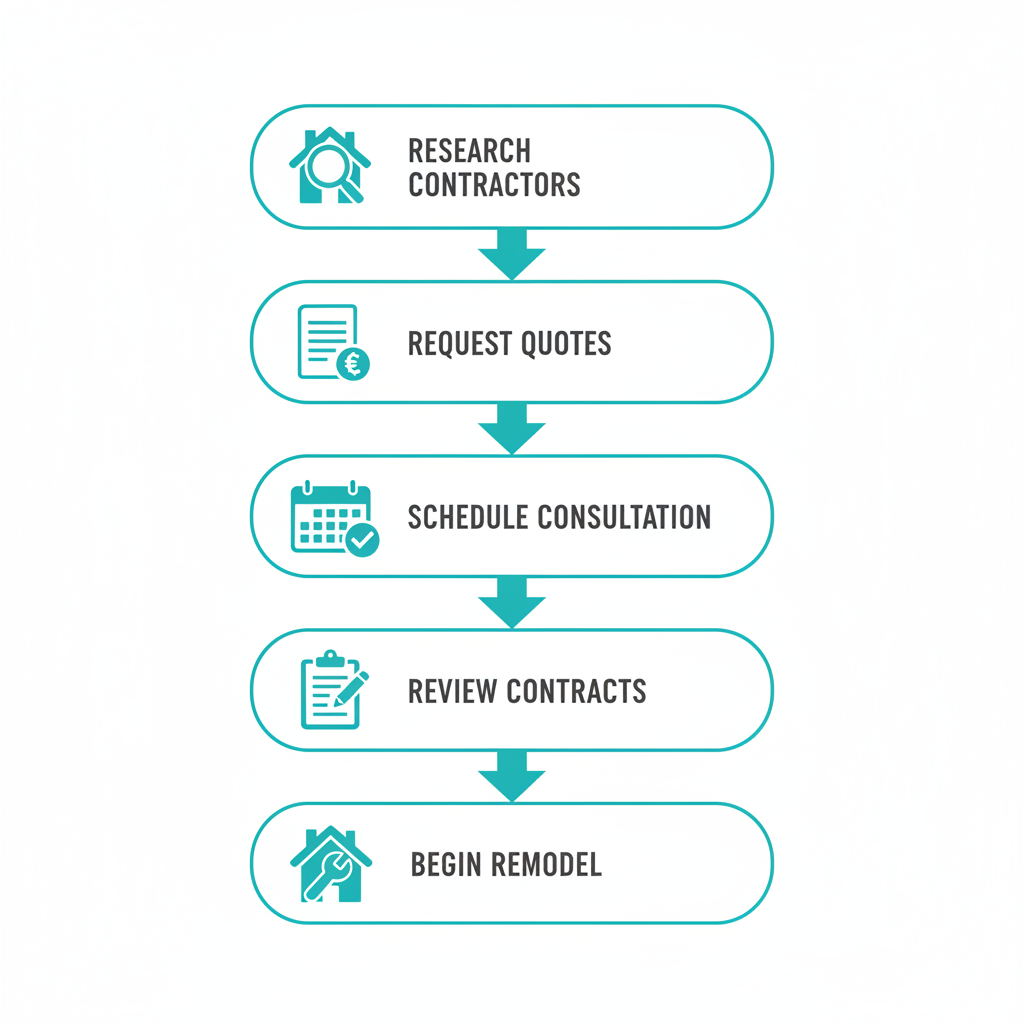 Vertical process flow diagram illustrating five key steps to launch a kitchen remodeling project in Austin, including research, quotes, consultation, contracts, and site visit.