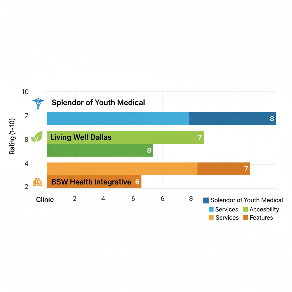 Horizontal bar chart comparing functional medicine clinics in Dallas on services, accessibility, and features ratings.