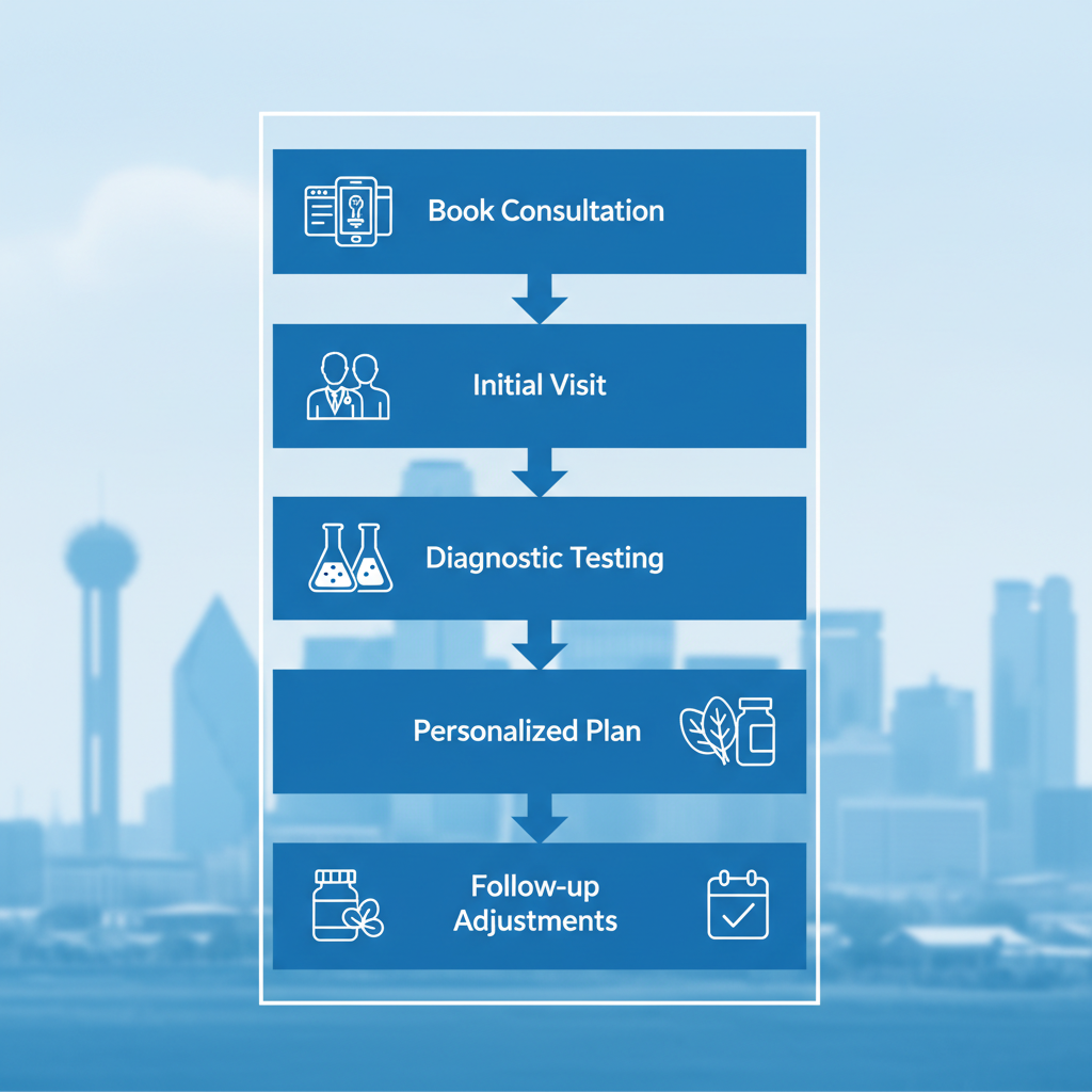 Vertical process flow diagram illustrating five steps to start functional medicine: booking consultation, initial visit with doctor, diagnostic testing, personalized plan creation, and follow-up adjustments.
