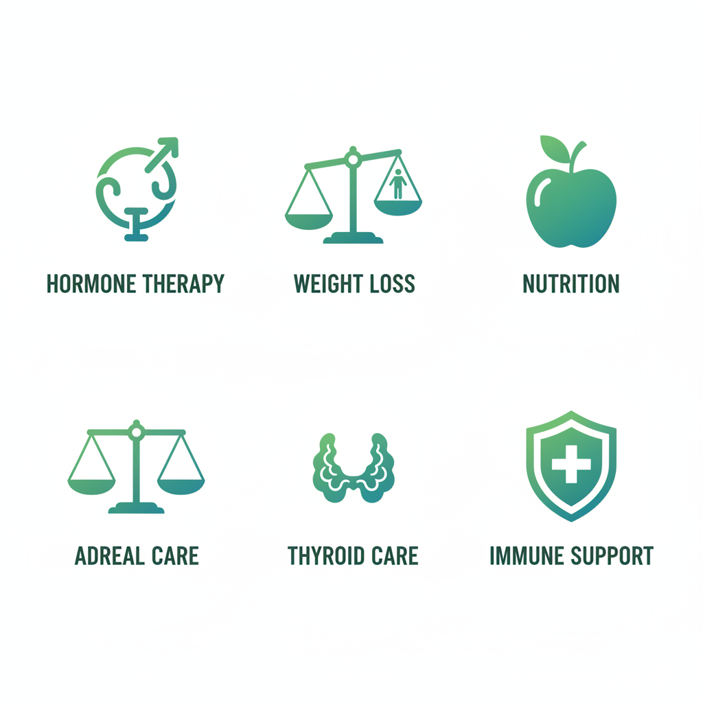 Grid of icons depicting bioidentical hormone replacement, weight loss, nutrition counseling, adrenal fatigue care, thyroid treatment, and immune support services