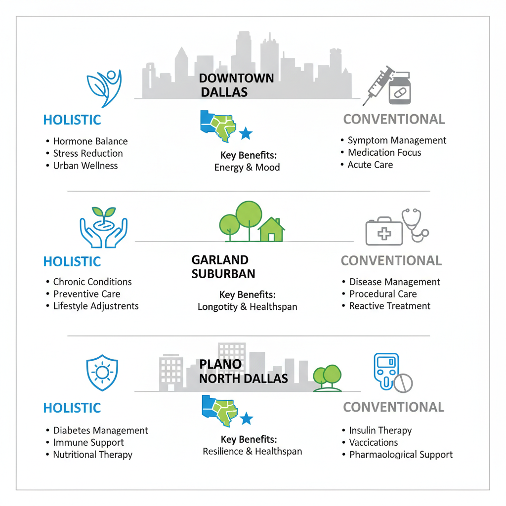 Infographic illustrating comparison of holistic and conventional healthcare options across Dallas metroplex areas: Downtown, Garland, and Plano North.