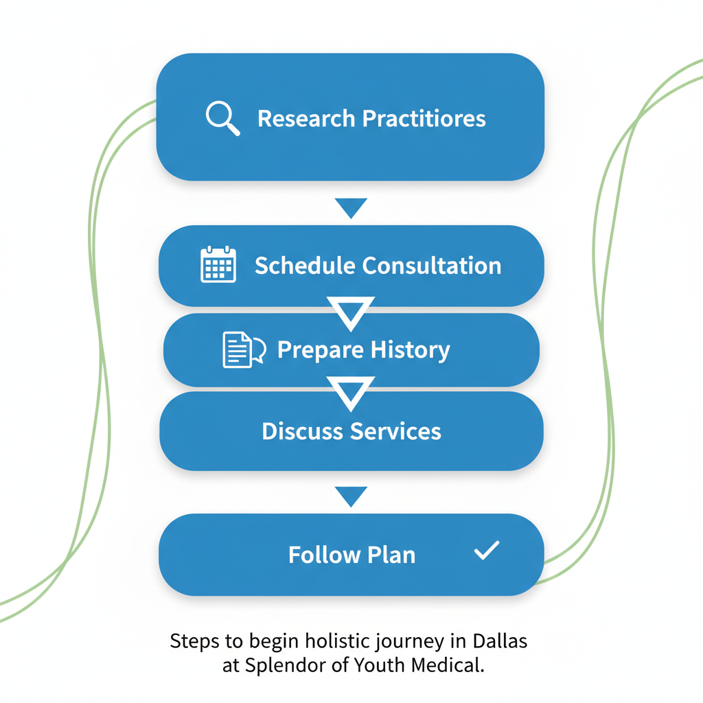 Vertical process flow illustrating five steps to start holistic care at Splendor of Youth Medical in Dallas