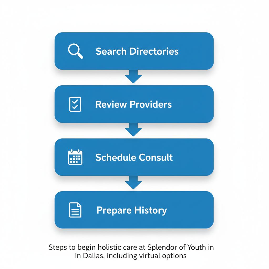 Vertical process flow diagram illustrating four steps to begin holistic care: searching directories, reviewing providers, scheduling consultation, and preparing health history with icons.