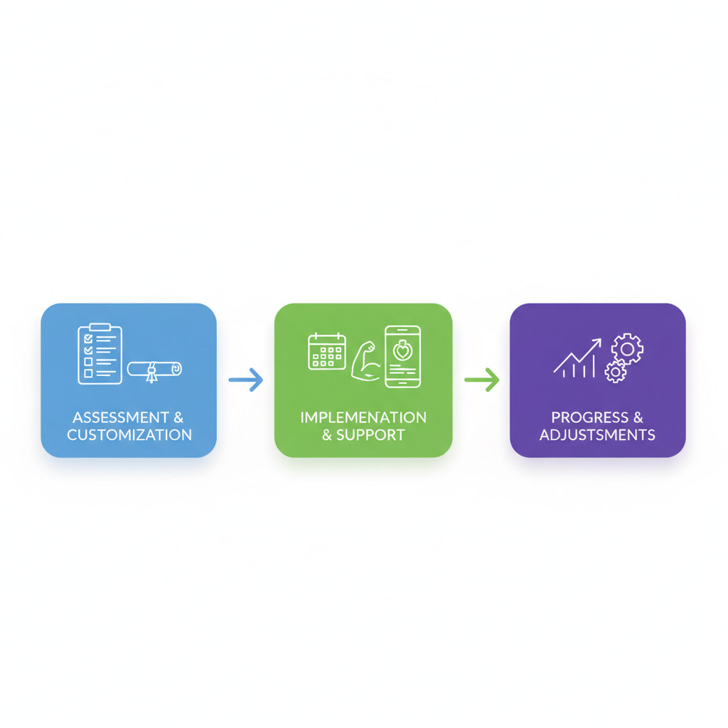Horizontal process flow diagram illustrating the three stages of Divine Strength Coaching: assessment, implementation, and progress monitoring.