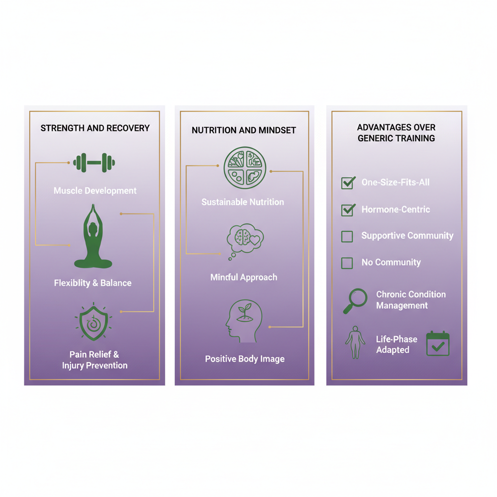Infographic showing advantages of female-led fitness programs with panels on strength, nutrition, and personalization.