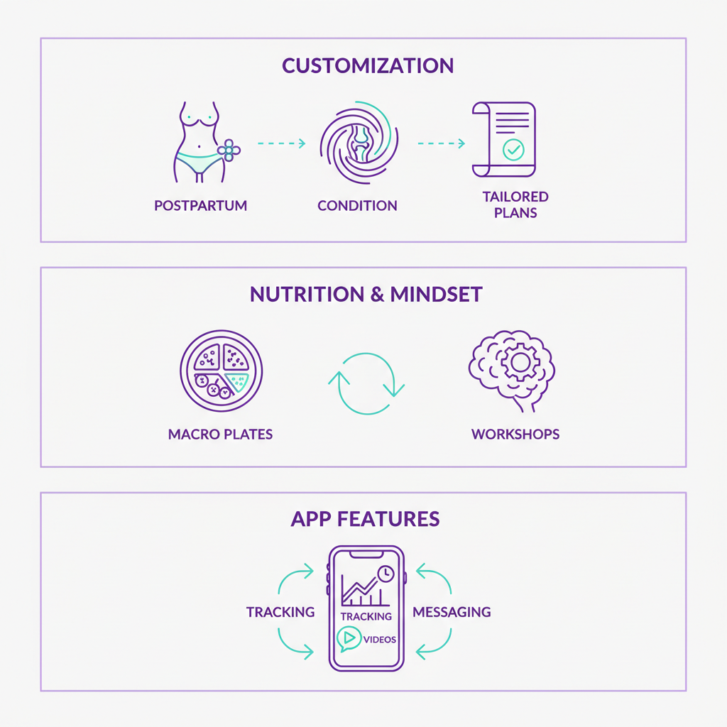 Infographic illustrating key aspects of virtual training programs including customization, nutrition, mindset, and app features for women.