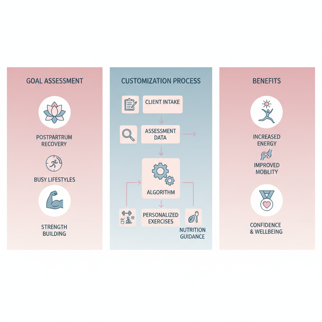 Infographic depicting tailored workout plans for women, featuring goal assessment icons, customization flow, and benefit highlights.